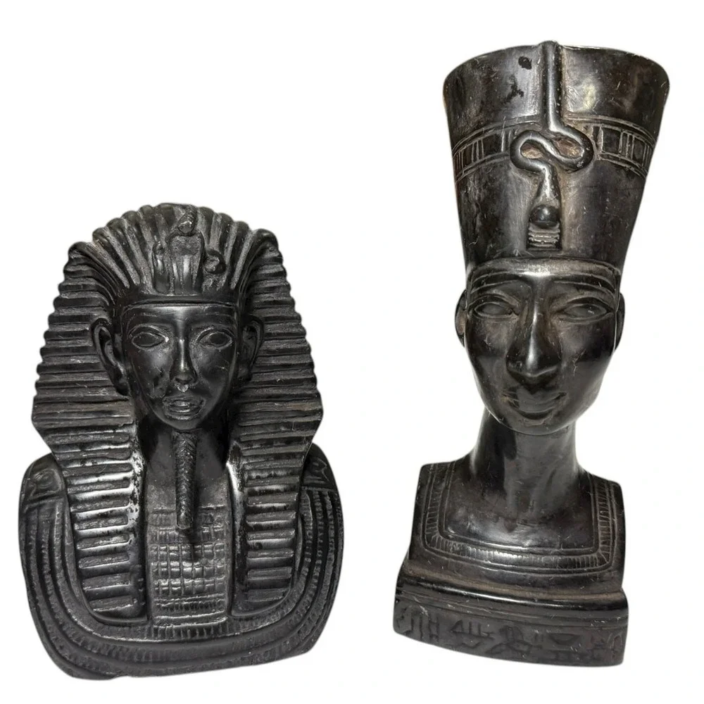 Egyptian Bust Set King Tut Nefertiti Statue Black‎ Stone Hieroglyph Decor